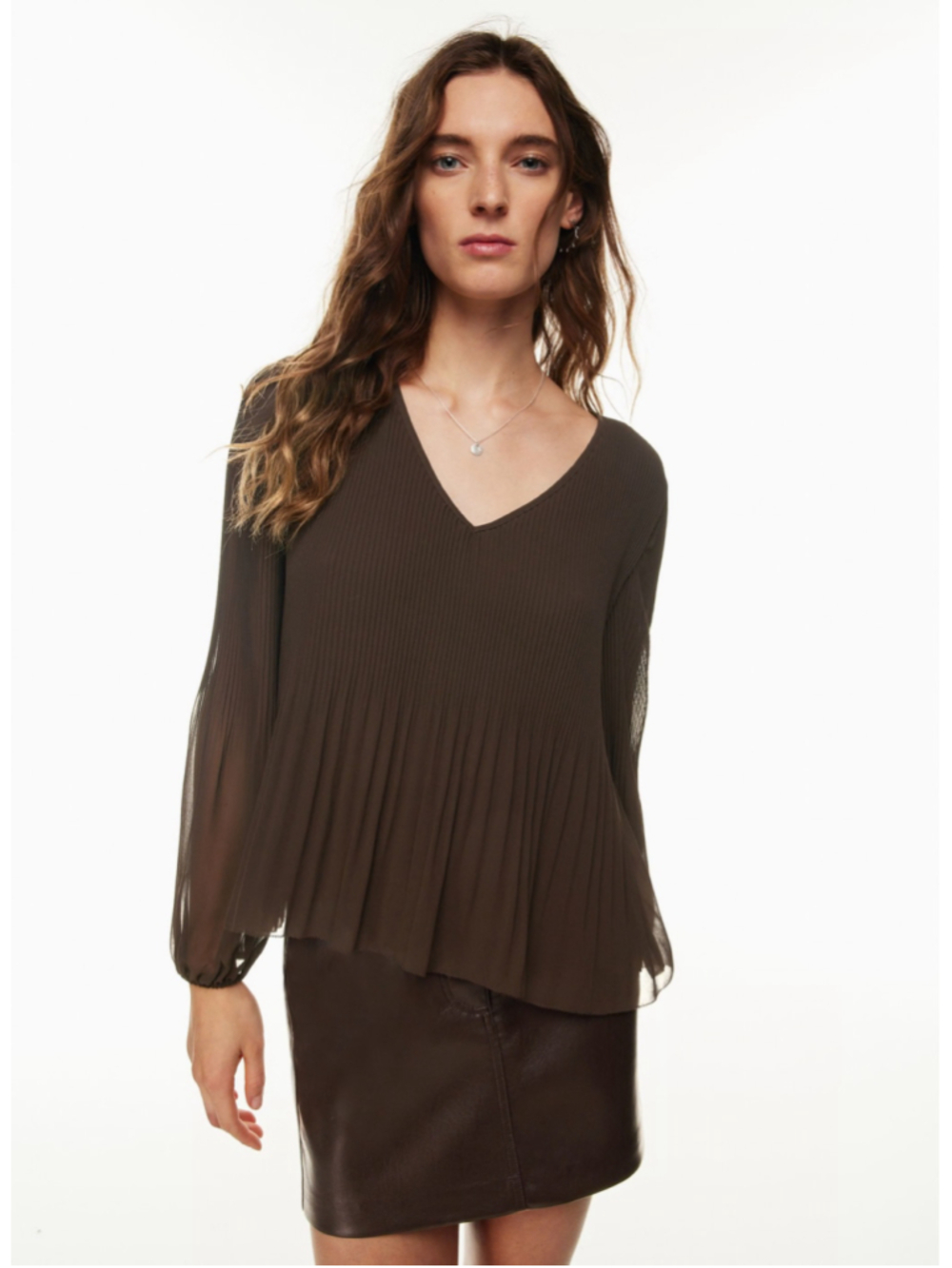 Women's Wilfred Daydreamer Pleated V-Neck Blouse Brown Size L